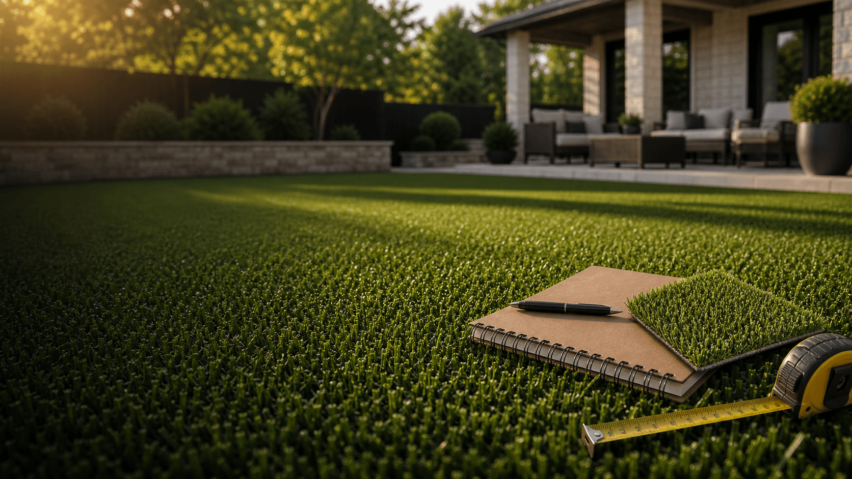 Artificial turf guide materials in a finished backyard