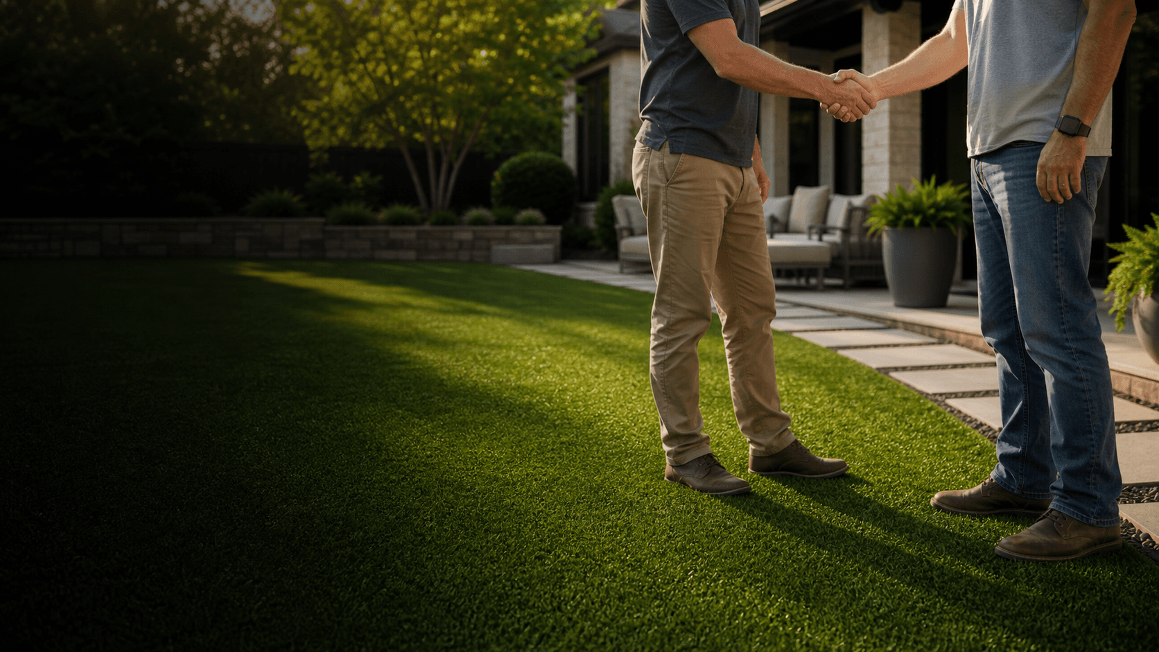 Referral handshake beside a finished artificial turf project