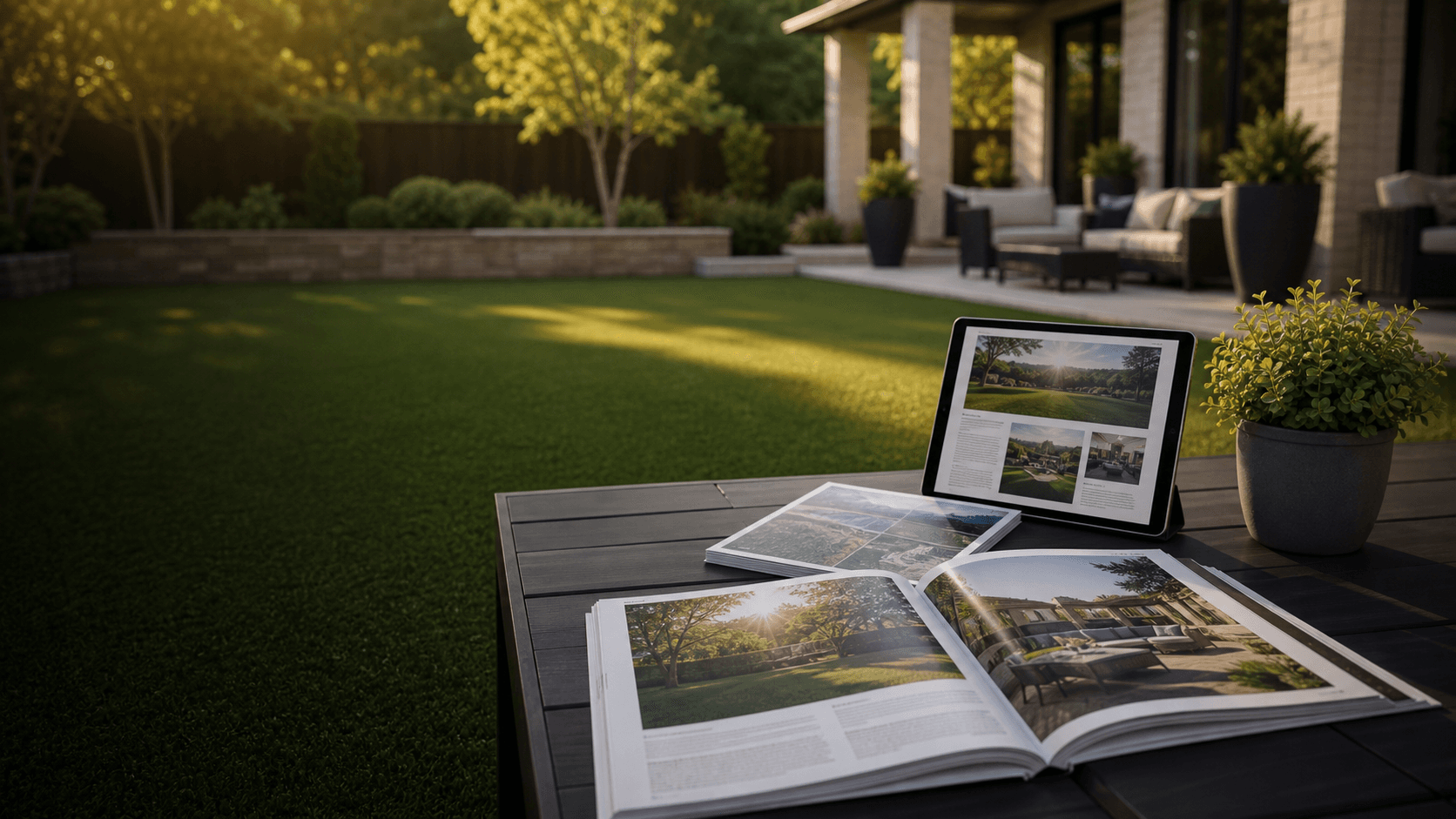 Local lifestyle publication materials beside artificial turf
