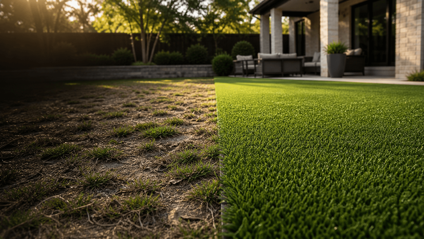 Patchy Texas lawn transitioning to clean artificial turf