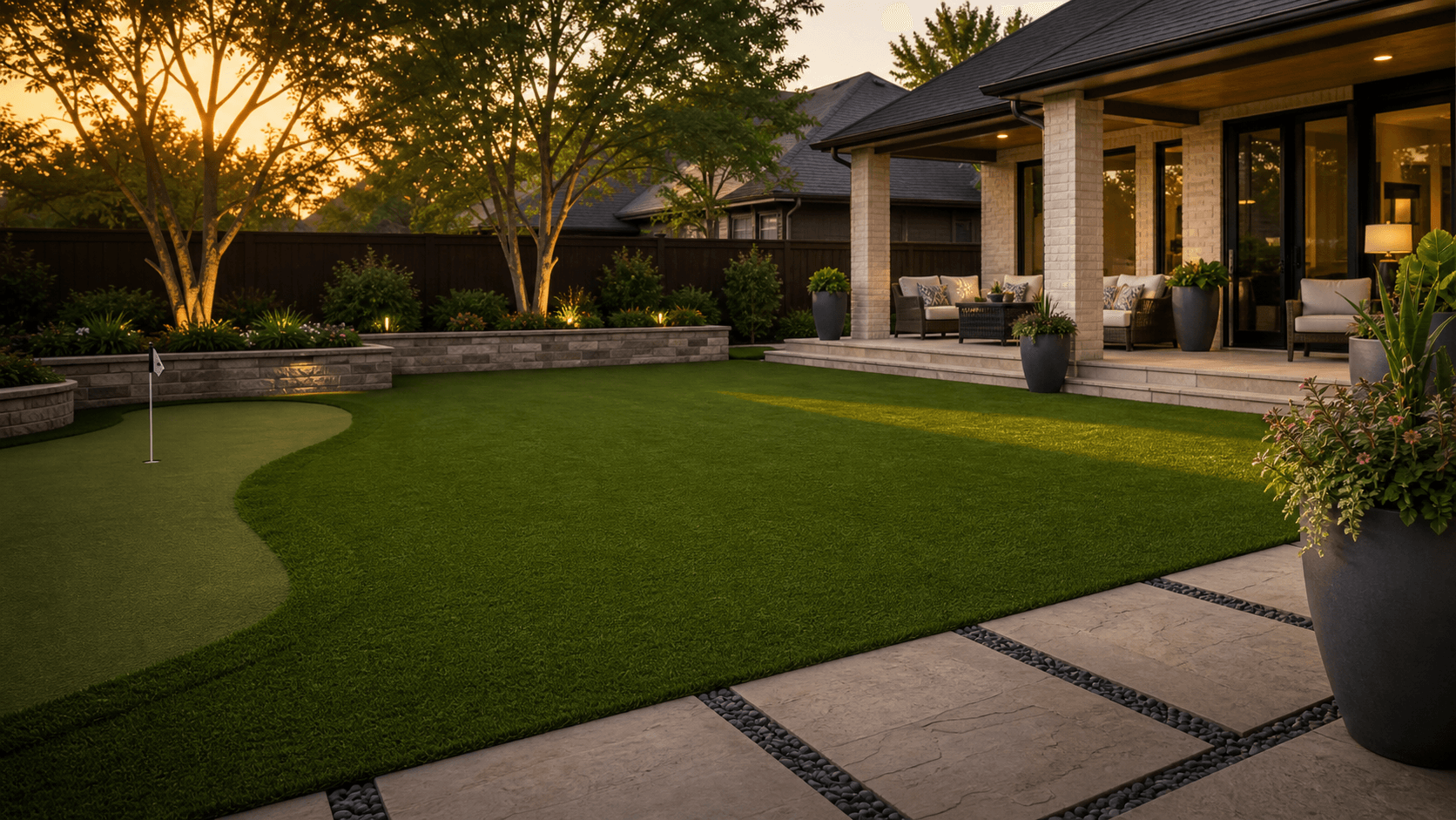 Finished artificial turf installation in a North Texas backyard