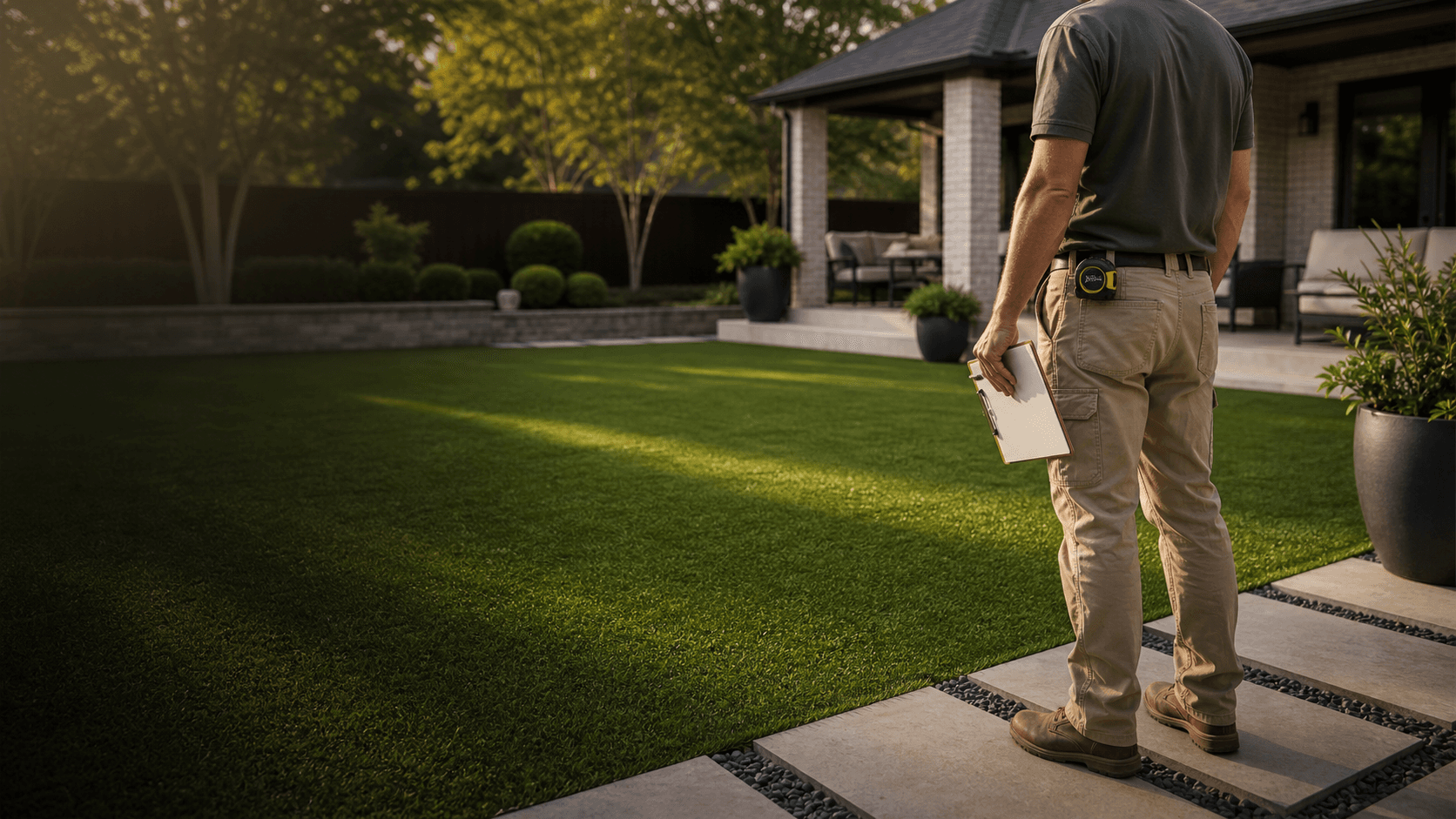 Local artificial turf company founder on a finished backyard project