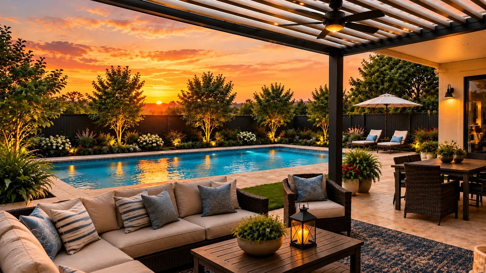 Louvered aluminum pergola over a poolside lounge at sunset
