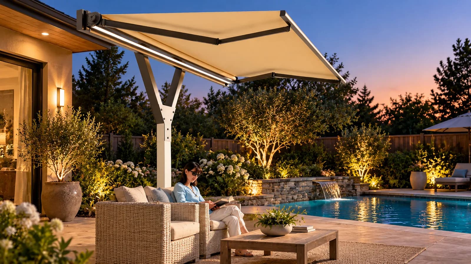 Cantilever shade awning over a reading chair