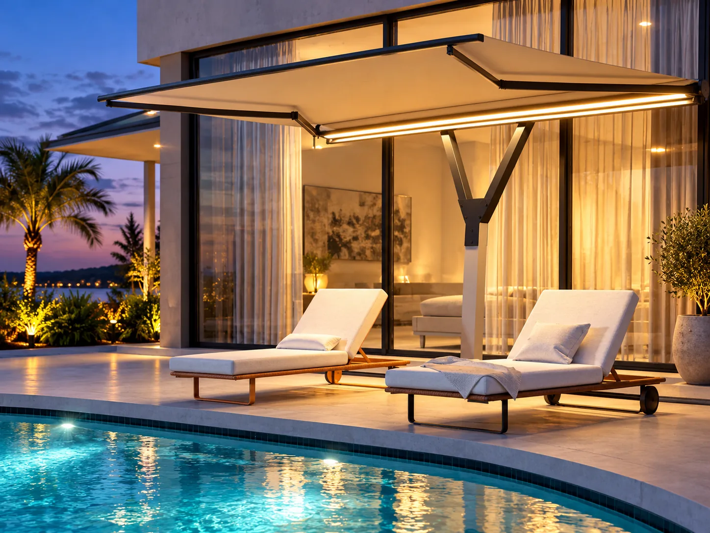 Lit shade awning over pool loungers at night