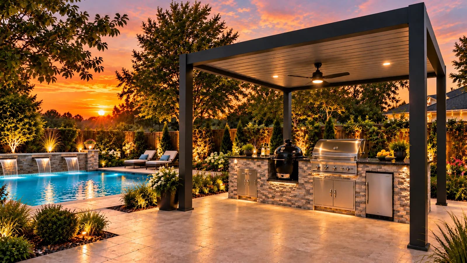 Freestanding louvered pergola covering an outdoor kitchen