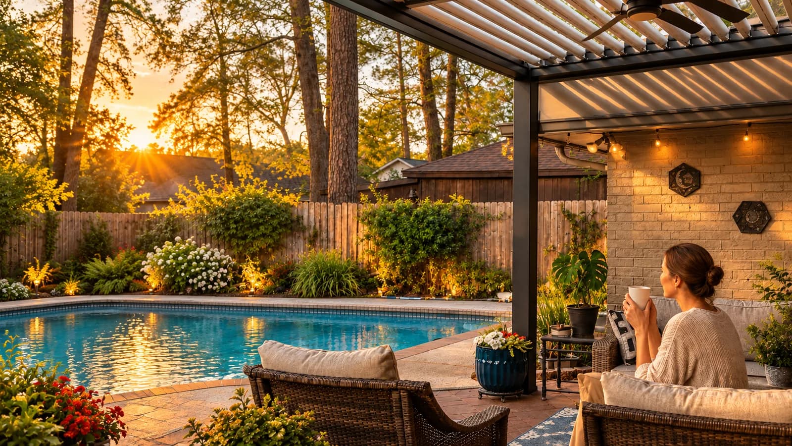 Louvered pergola attached to a house with a woman holding a mug