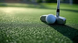 Putter and golf ball on synthetic putting green turf