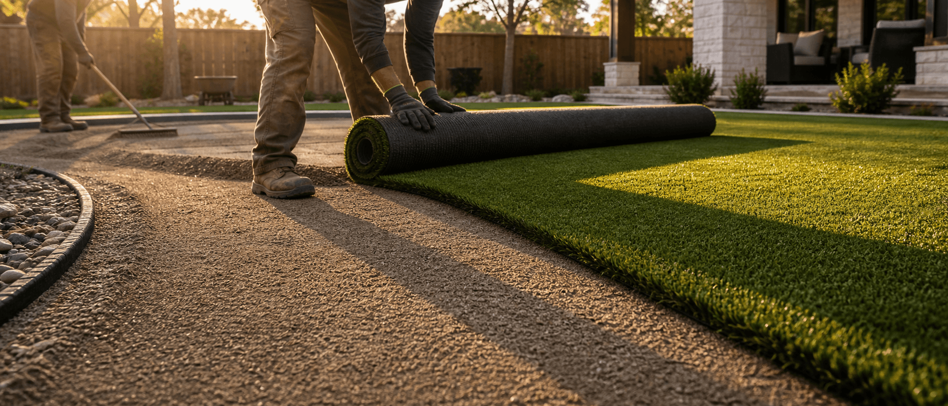 Backyard artificial turf installation in progress with base prep and turf roll